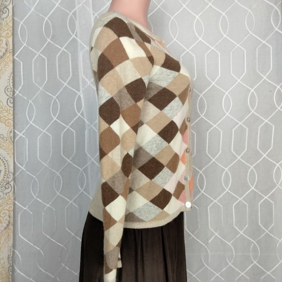 Cousin Johnny sweater Tan multi color check Cashmere blend size S - Picture 8 of 9